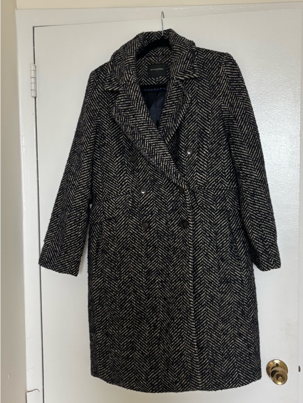 Wool Blend Herringbone Double-Breasted Coat